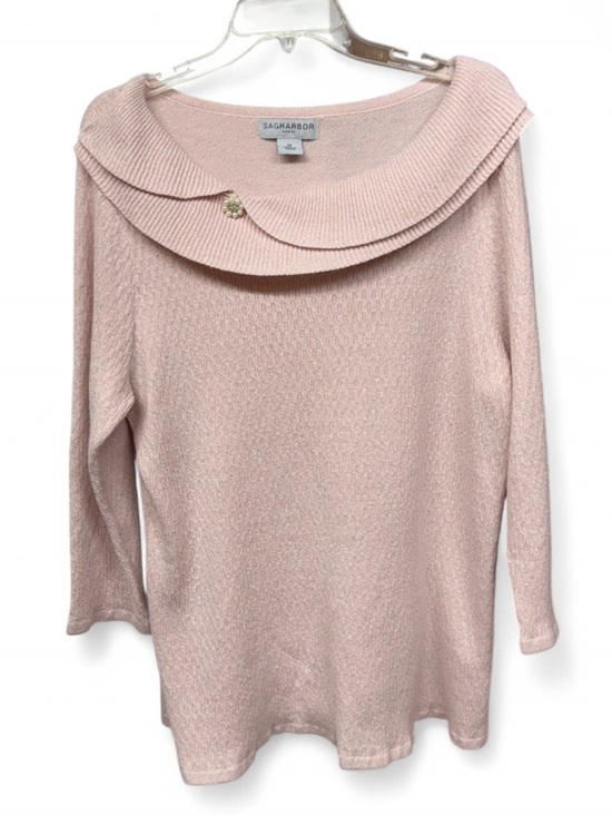 Sag Harbor Sweaters - Sag Harbor Woman Pink Metallic Shimmer Portrait Collar Sweater Pearl Brooch 2X